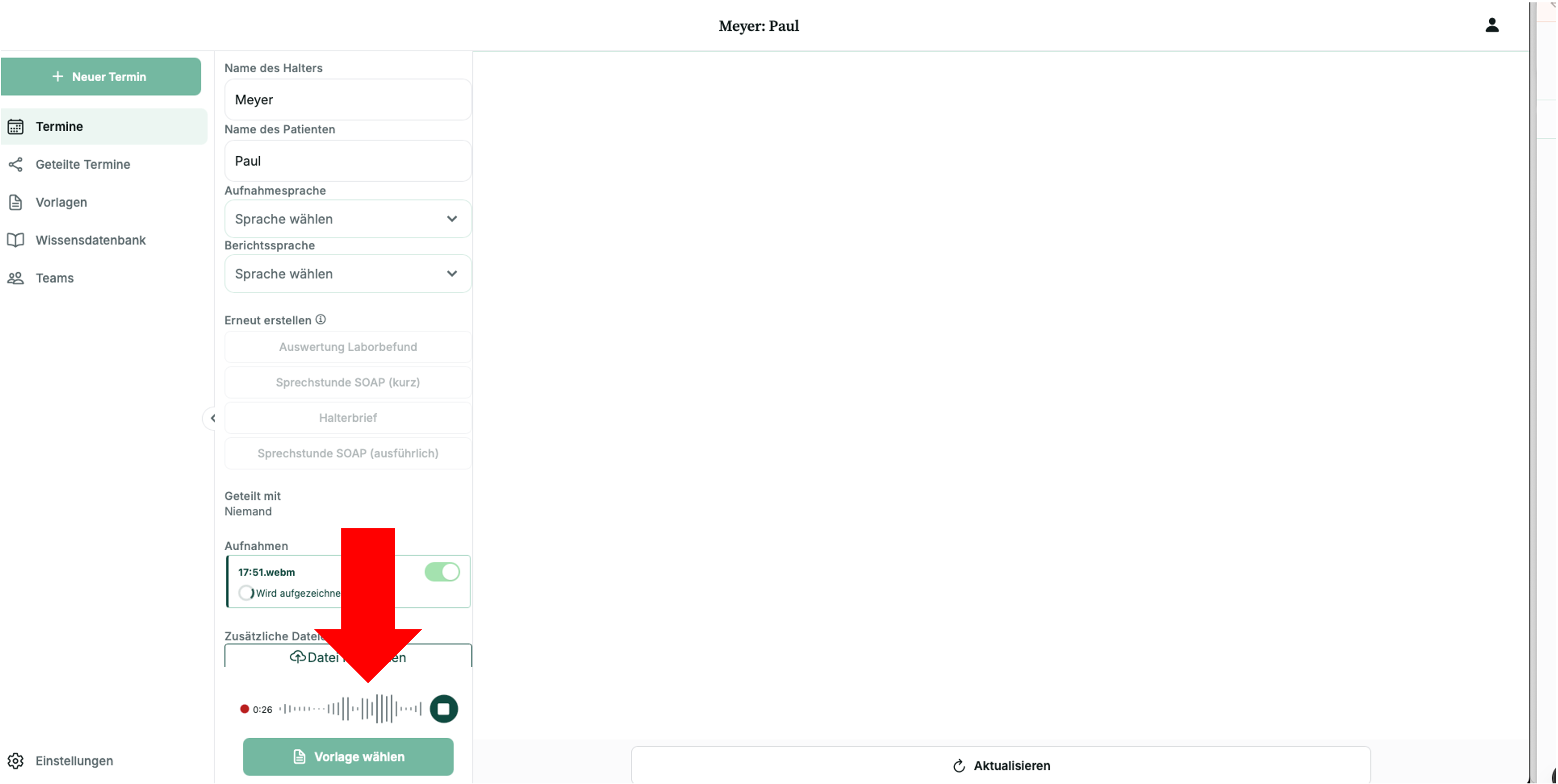 Screenshot: Aktive Audiowelle während der Aufnahme — Balken bewegen sich