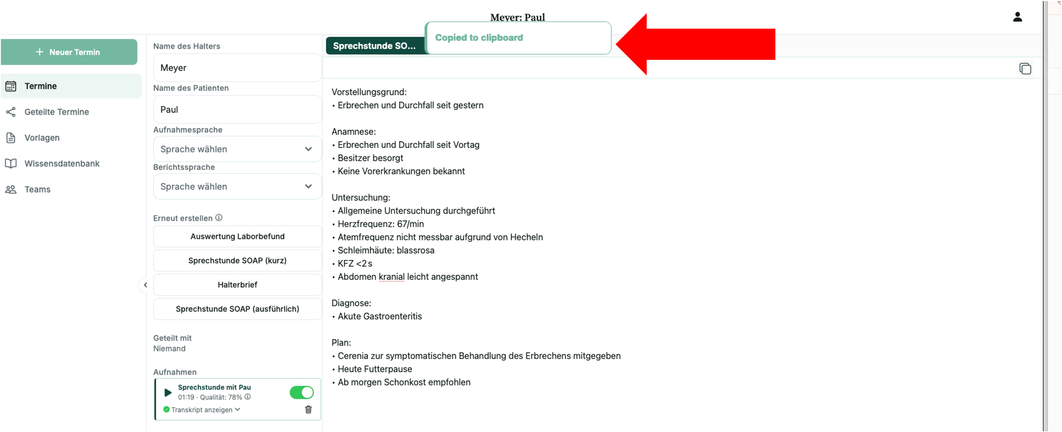 Screenshot: Bestätigungsmeldung 'Copied to clipboard'