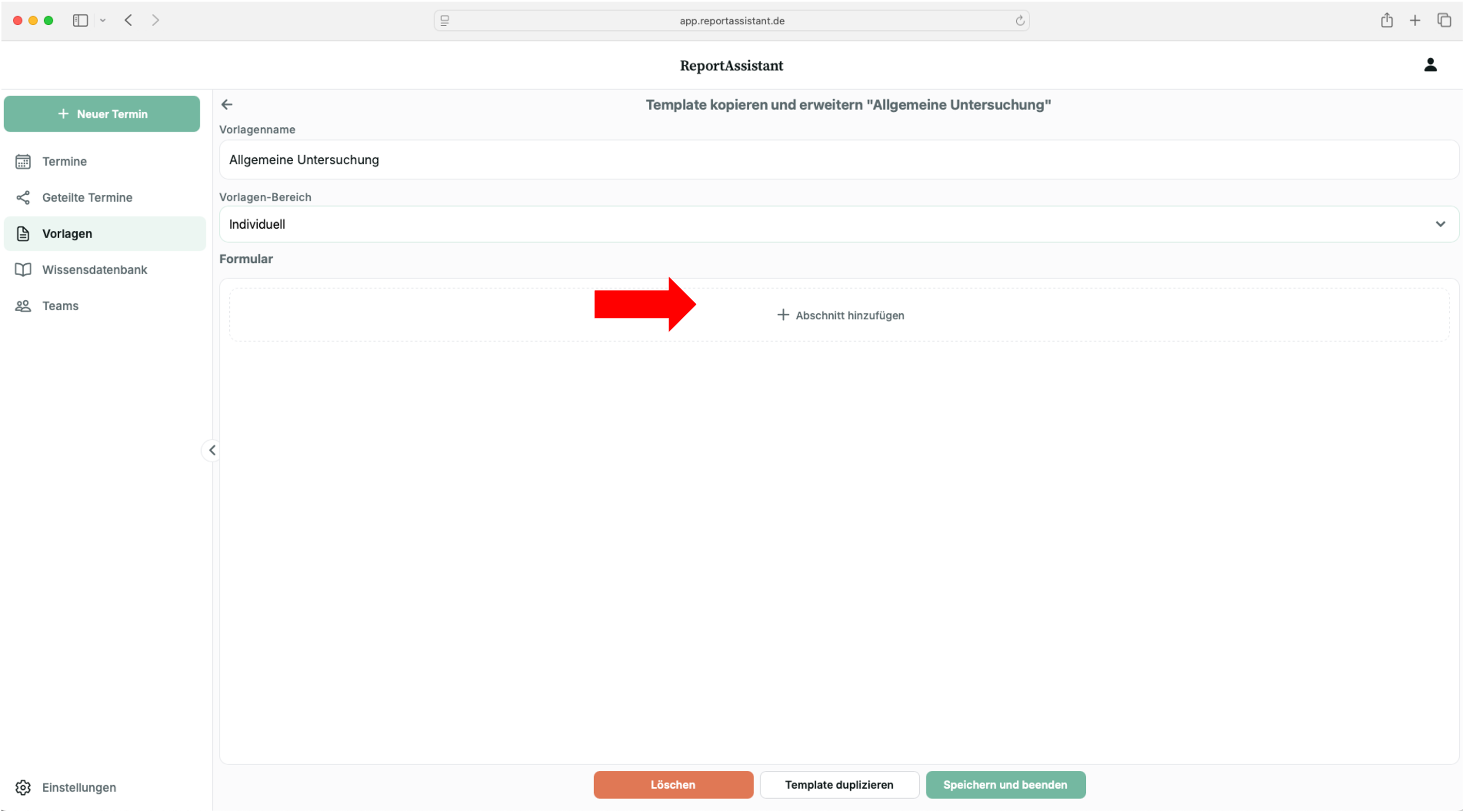 Leerer Vorlagen-Editor mit dem Button Abschnitt hinzufuegen