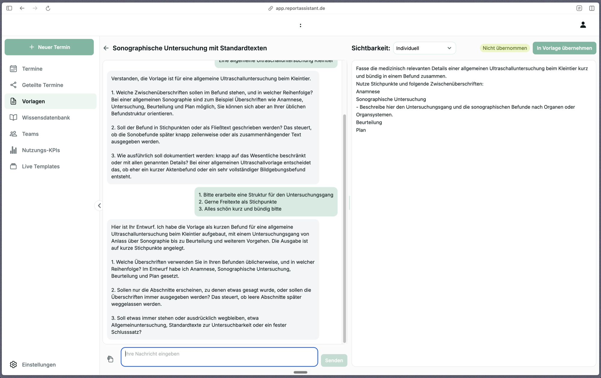Entwurf einer Standardvorlage rechts, mit dem Button In Vorlage übernehmen