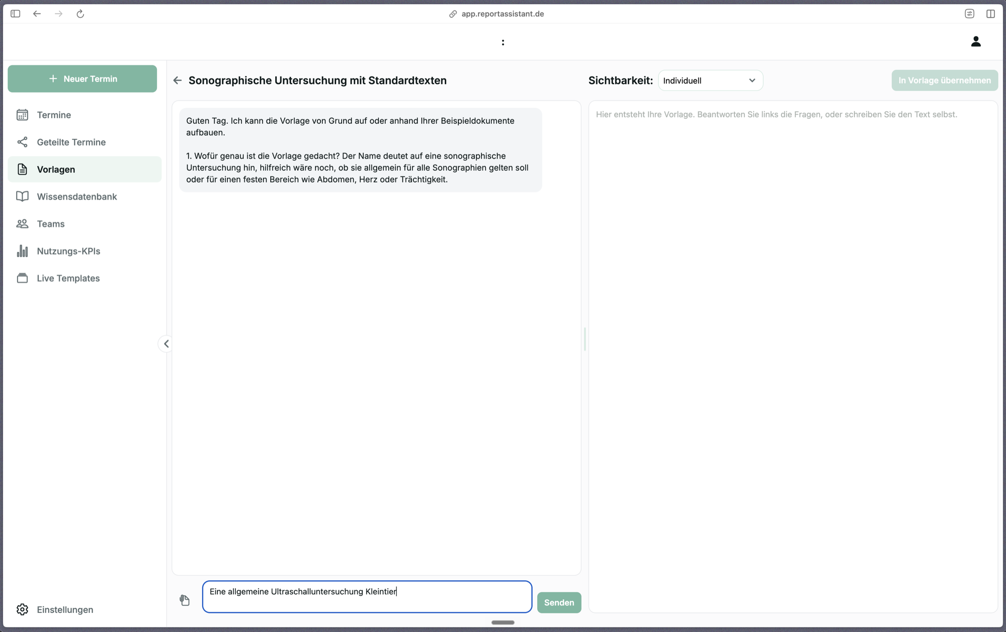 Vorlagengenerator mit der ersten Frage links und dem leeren Vorlagenbereich rechts
