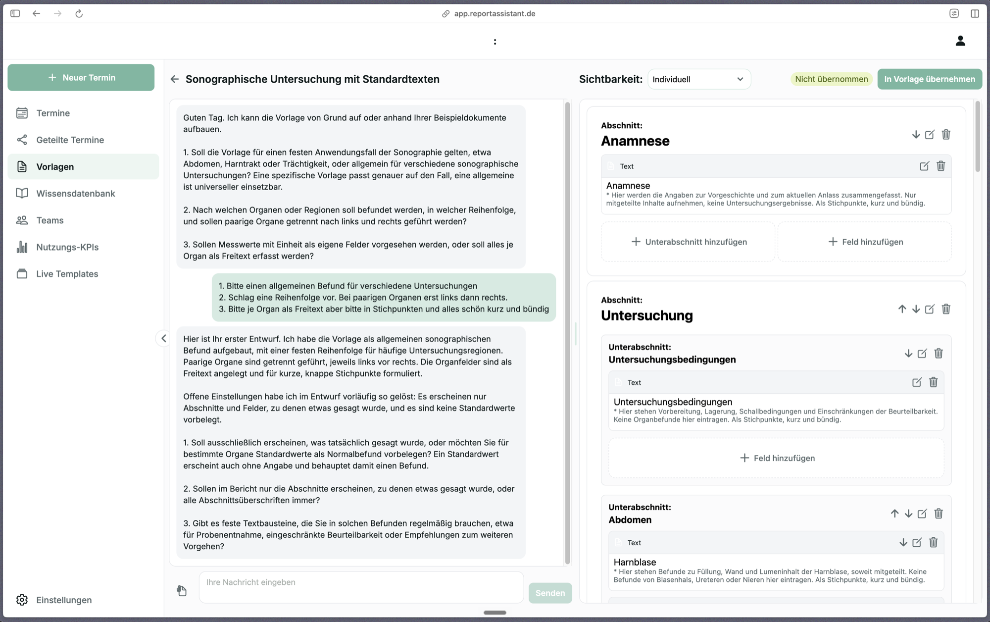 Entwurf einer strukturierten Vorlage mit den Abschnitten Anamnese und Untersuchung und ihren Feldern