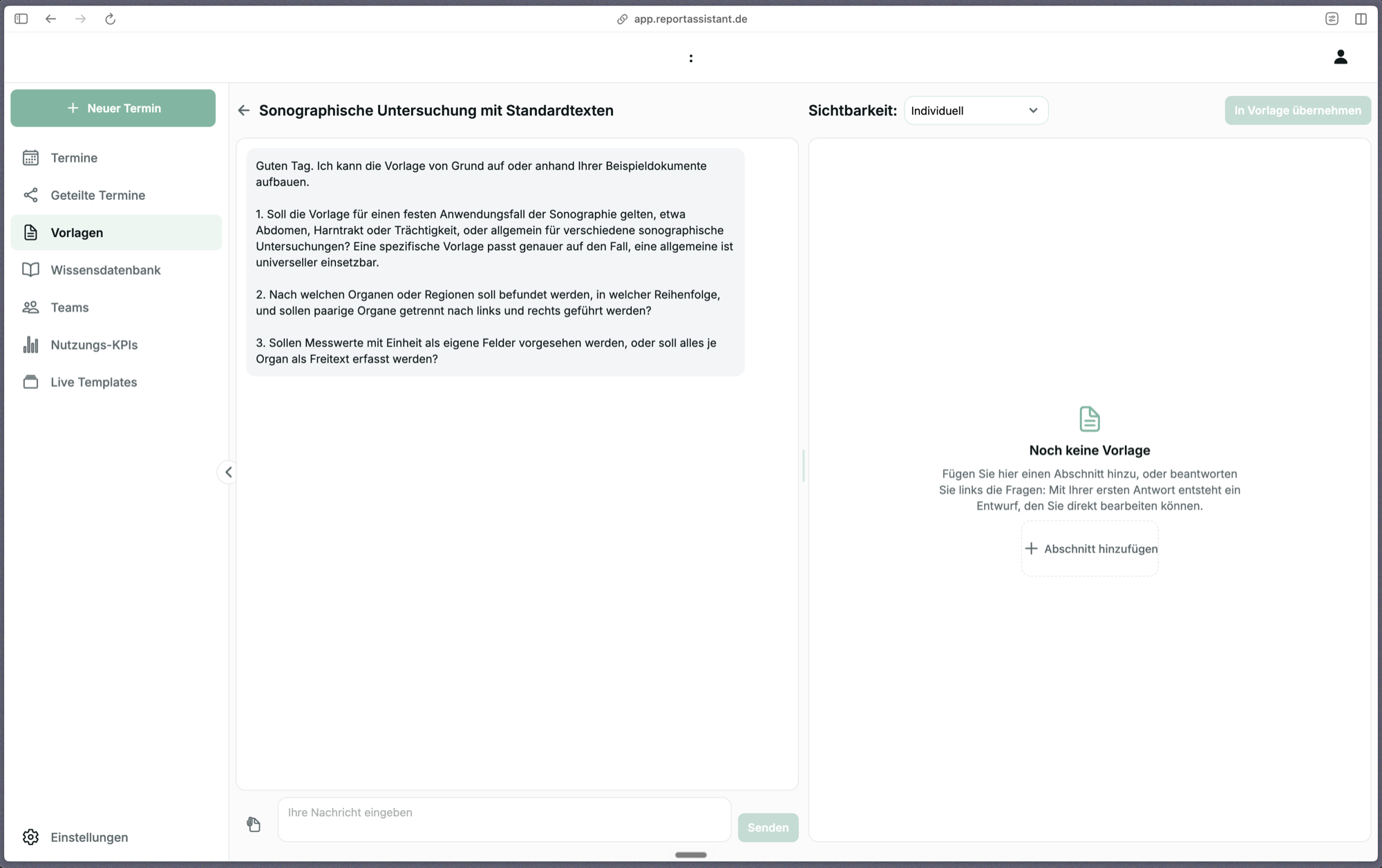 Vorlagengenerator für eine strukturierte Vorlage: Fragen links, rechts der Hinweis Noch keine Vorlage mit dem Button Abschnitt hinzufügen