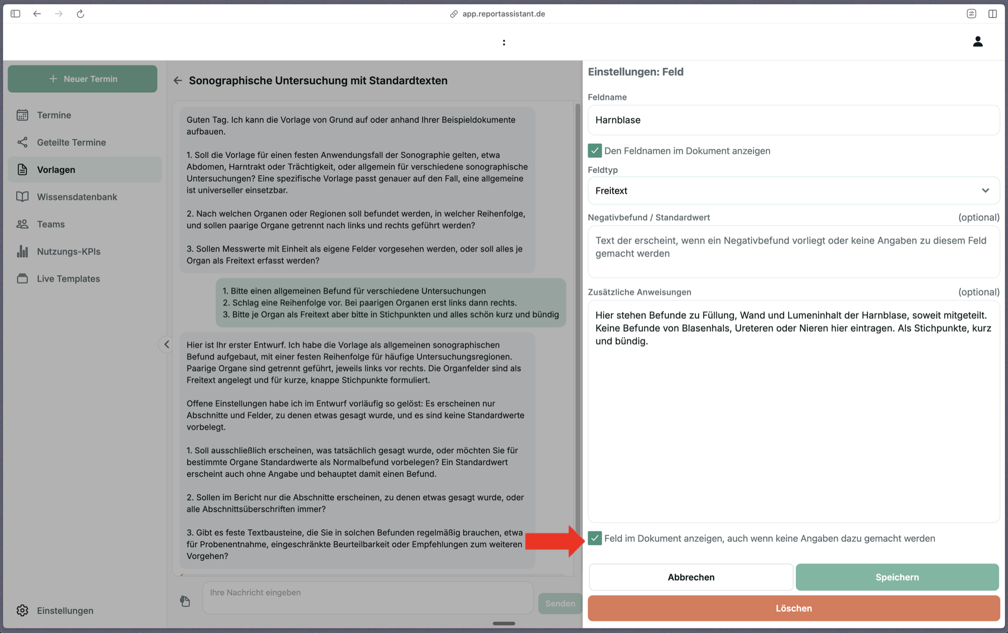 Feldeinstellungen mit aktivierter Option Feld im Dokument anzeigen, auch wenn keine Angaben dazu gemacht werden